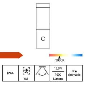 ARLUX Applique extérieure à détection LED Curve 230V 12,5W 1000lm 3000K anthracite - fiche technique