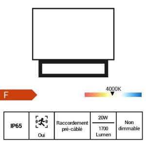 Projecteur extérieur LED Arlux Kali extra plat précâblé à détection 20W coloris blanc - fiche technique