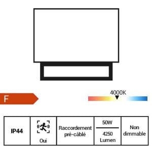 Projecteur extérieur LED Arlux Kali extra plat précâblé à détection 50W coloris blanc - fiche technique