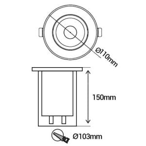 ARLUX Spot LED extérieur encastré de sol rond Tulip 230V 5W 380lm 3000K IP67 inox - schéma avec dimensions