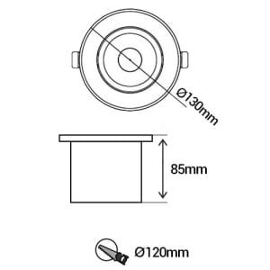 ARLUX Spot LED extérieur encastré rond Patio 230V 9W 500lm 3000K IP67 Inox - schéma avec dimensions