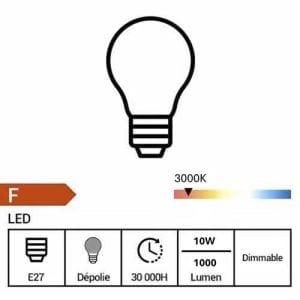 Fiche technique de l'ampoule LED ARLUX dimmable E27 230V 10W(=75W) 1000lm 3000K