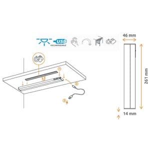 Schéma réglette LED GAO rechargeable USB magnétique acier brossé 1,5W 150lm 3000K