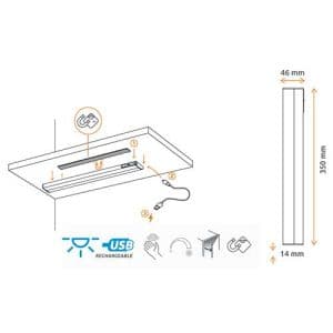 Schéma réglette LED GAO magnétique rechargeable par USB - 2.5W 250lm 3000K