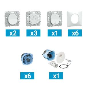 KEO Kit Pieuvre électrique universelle pour chambre et bureau - 2 interrupteurs + 3 prises 2P+T + 1 interrupteur VR + 6 plaques simples + 6 boites d'encastrement + 1 point de centre DCL