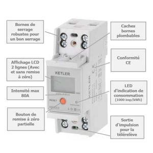 KETLER Compteur monophasé 80A à écran LCD - schéma explicatif