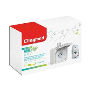 LEGRAND Green'up prise de courant 2P+T étanche complet saillie gris pour recharge véhicule électrique + disjoncteur différentiel + patère de suspension - image boîte emballage