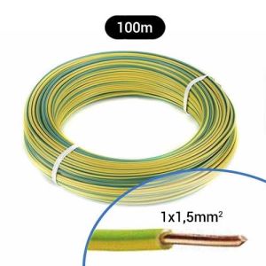 Fil électrique rigide HO7VU 1.5² vert / jaune - Couronne de 100m