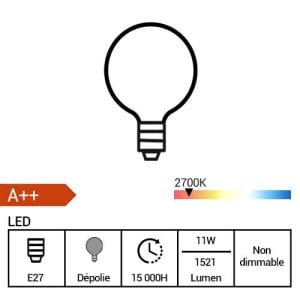 OSRAM Ampoule LED en verre dépoli E27 globe 11W 1521lm 95mm 230V - fiche technique