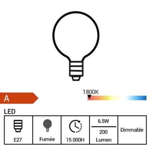 PHILIPS Modern Ampoule LED filament dimmable E27 230V 6,5W(=20W) 200lm 1800K Giant globe - fiche technique