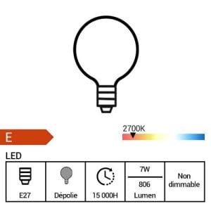 PHILIPS Ampoule LED E27 230V 7W(=60W) 806lm 2700K globe - fiche technique