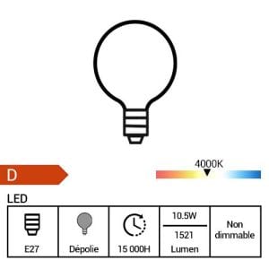 PHILIPS Ampoule LED E27 230V 10,5W(=100W) 1521lm 4000K globe - fiche technique