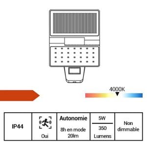 ARLUX Applique solaire LED à détection Kite 230V 5W 350lm 4000K noir - fiche technique