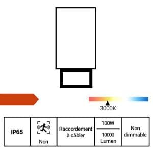 Projecteur LED extérieur asymétrique 230V 100W 10000lm 4000°K IP65 noir - fiche technique