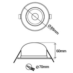 ARLUX Luma spot LED encastrable et orientable IP65 7W 600lm 4000K 85mm acier brossé - schéma avec dimensions