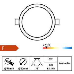 Spot LED remplaçable encastrable orientable dimmable 5W 400lm 2700K 82mm blanc - fiche technique