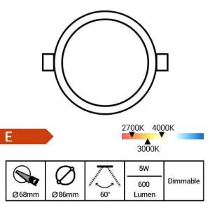 Spot LED BBC encastrable 5W CCT 86mm blanc - fiche technique