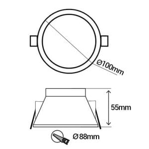 Support de spot basse luminance rond fixe 100mm avec douille GU10 automatique blanc - schéma avec dimensions