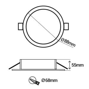 Support de spot rond fixe 88mm avec douille GU10 automatique noir - schéma avec dimensions