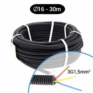 Gaine électrique noire ICTA pré filée 3G1,5 R/B/VJ D16 Qofil - Couronne de 30m