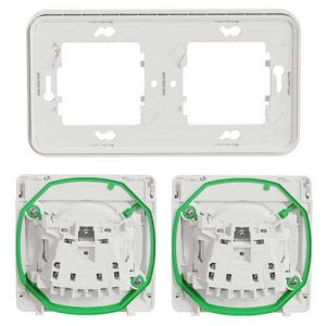 Vue arrière de la double prise de courant 2P+T étanche encastrée blanc IP55 SCHNEIDER Mureva Styl + cadre encastré