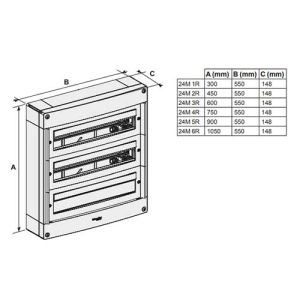 Tableau électrique nu blanc SCHNEIDER PrismaSeT XS 2 rangées 24 modules 125A - schéma avec dimensions du tableau