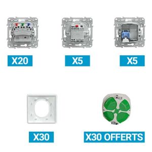 Lot de 20 prises de courant + 5 interrupteurs va-et-vient + 5 prises RJ45 catégories 6 + 30 plaques simples SCHNEIDER Ovalis blanc - vue de dos