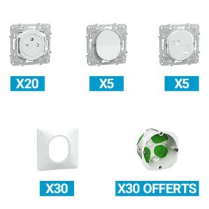 Lot de 20 prises de courant + 5 interrupteurs va-et-vient + 5 prises RJ45 catégories 6 + 30 plaques simples SCHNEIDER Ovalis blanc