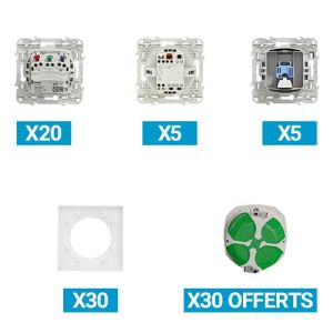 Lot de 20 prises de courant + 5 interrupteurs va-et-vient + 5 prises RJ45 catégories 6 + 30 plaques simples SCHNEIDER Odace blanc - vue de dos