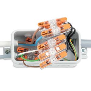 Mini borne de connexion rapide WAGO S221 InLine à levier pour fils souples et rigides - image des bornes dans boîte de dérivation