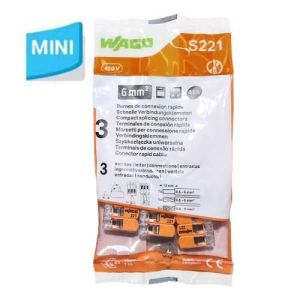 Sachet de 3 mini bornes de connexion rapide WAGO S221 3 entrées fils souples et rigides 0.5 à 6mm²- 221-613