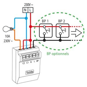 YOKIS Power Télérupteur 10A 500VA micro-module encastré radio avec antenne extérieure - schéma de câblage