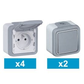 Lot 4 Prises de courant 2P+T et 2 interrupteurs va et vient étanche complet gris IP55 assemblé par 123elec avec composants Legrand Plexo