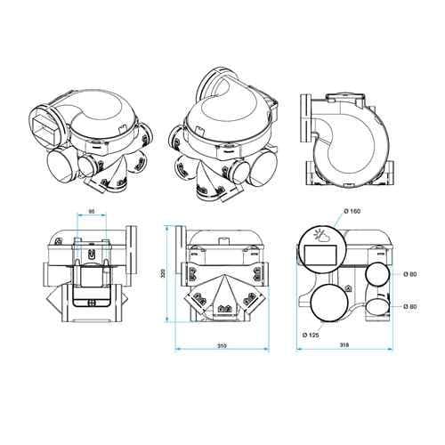 Dimensions du groupe VMC ALDES simple flux hygroréglable EasyHOME Premium HP+ RE2020