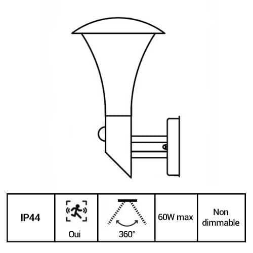 ARLUX Applique extérieure à détection Gypse 230V E27 60Wmax inox - fiche technique