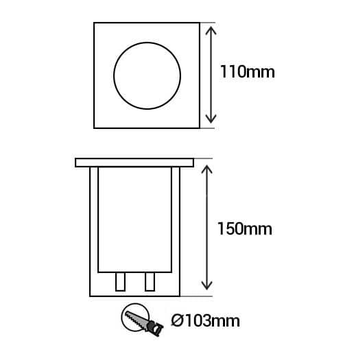 ARLUX Spot LED extérieur encastré de sol carré Tulip 230V 5W 380lm 3000K IP67 inox - schéma avec dimensions