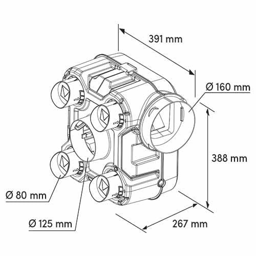 Dimensions du caisson de VMC simple flux autoréglable à capteurs d'humidité et pollution Styl' Air QAI AUTOGYRE