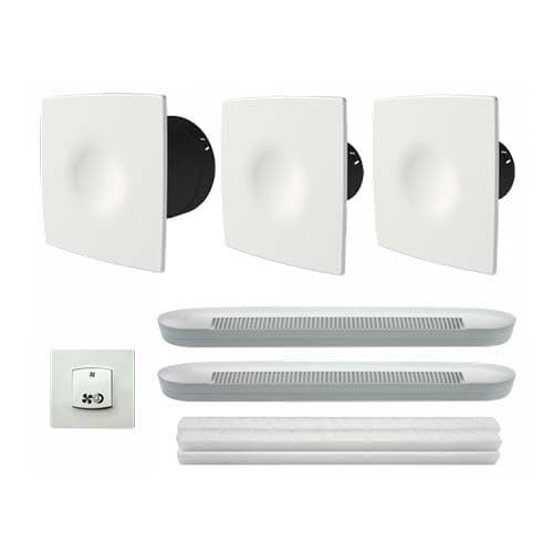 Ce Kit VMC simple flux autoréglable à capteurs d'humidité et pollution Styl' Air QAI comprends 1 bouche design cuisine, 2 bouches design sanitaire, un commutateur et des entrées d'air acoustiques et des filtres QAI.