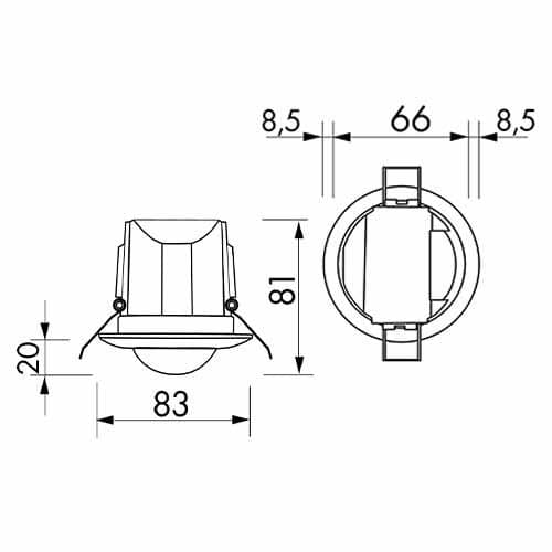 Ce plan des dimensions du détecteur de mouvement 360° BEG LUXOMAT PD3-1C-FP est disponible dans les notices et instructions de montage