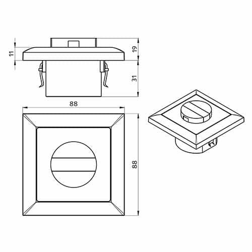 Les dimensions techniques de cet interrupteur BEG Luxomat - 94328 - INDOOR 140-L comprennent la taille du cadre décoratif