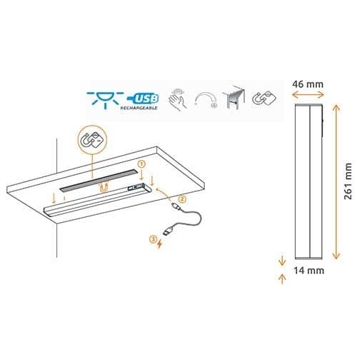 Schéma réglette LED GAO rechargeable USB magnétique acier brossé 1,5W 150lm 3000K