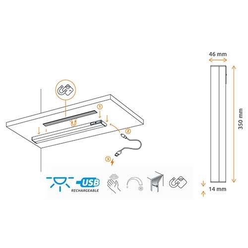 Schéma réglette LED GAO magnétique rechargeable par USB - 2.5W 250lm 3000K