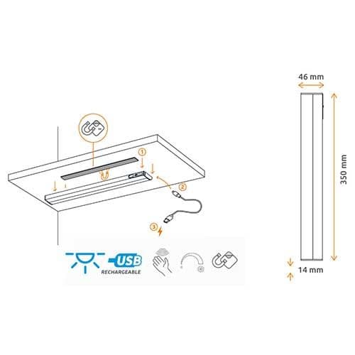 Schéma réglette LED GAO acier brossé magnétique et rechargeable par USB - 1.7W 150lm 3000K