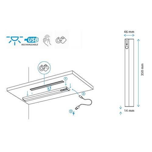 Réglette LED GAO rechargeable USB avec détecteur 1.7W 150lm 3000K acier brossé - schéma d'installation avec dimensions