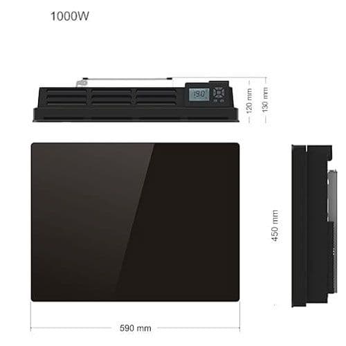 radiateur à inertie céramique horizontal noir KALIA Glass d'une puissance de 1000W - dimensions