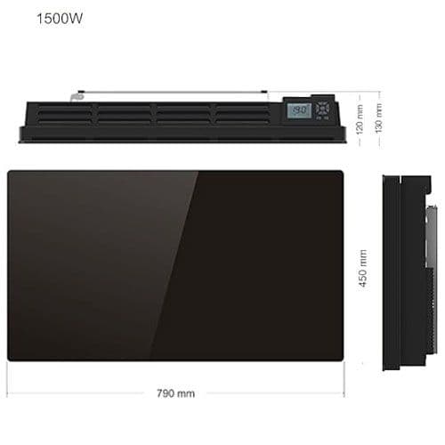 Dimensions du radiateur à inertie céramique horizontal noir KALIA Glass puissance 1500W