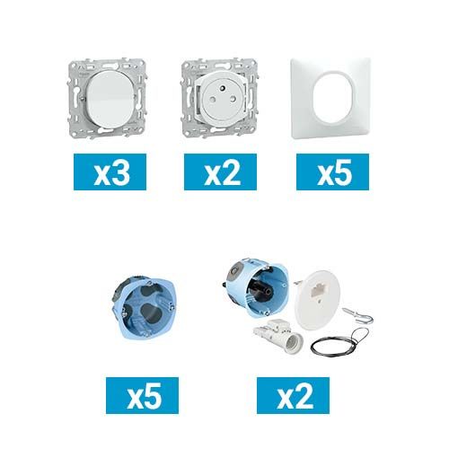 Kit pieuvre électrique universelle KEO pour garage WC et couloir - 3 interrupteurs + 2 prises 2P+T + 5 plaques simples + 5 boîtes d'encastrement + 2 DCL