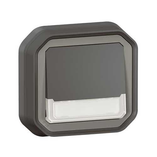 Poussoir anthracite étanche IP55 Legrand Plexo avec porte-étiquette lumineux - vue de face