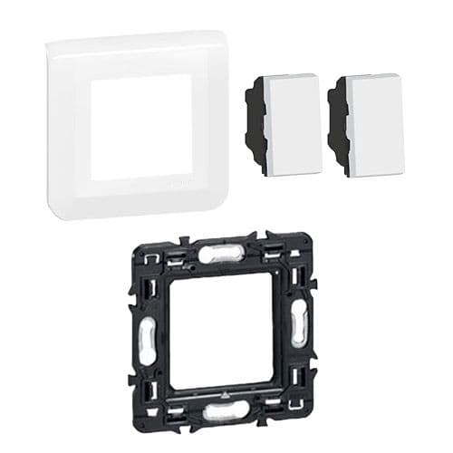 Double bouton poussoir LEGRAND Mosaic+ support de fixation et plaque de finition