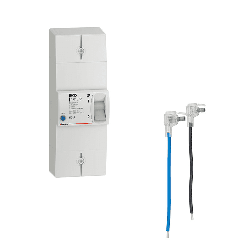 LOT LEGRAND BACO Disjoncteur d'abonné monophasé 60A 500mA différentiel instantané + Fouets de raccordement EDF